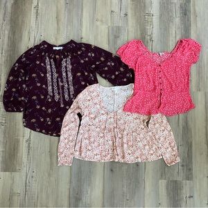 Lot of 3 Boho peasant style tops floral patterns, Hippie Rose, Moral Fiber Sz L